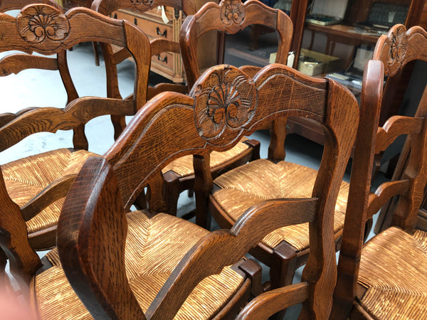 Set of six French rush seat dining chairs and in good sturdy condition.