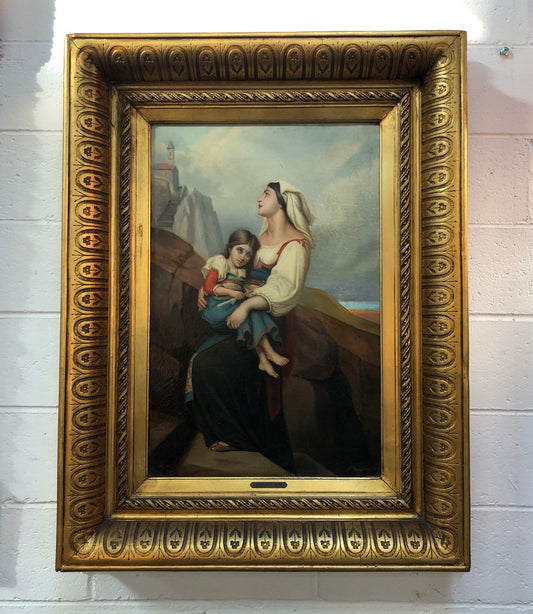 Sourced in France is this beautiful oil painting on canvas on a restored board of a lady and child. Framed in a thick decorative gilt frame. Signed and in good condition.