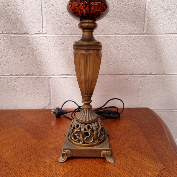 Beautiful pair of metal and glass lamp bases with new gold shades. They are in good original working condition and have been sourced locally.