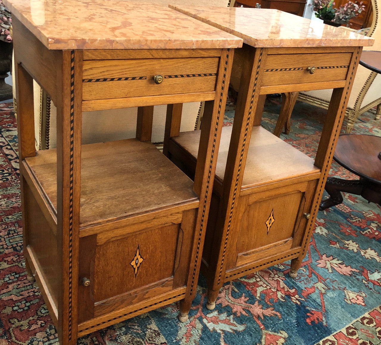 Beautiful Pair of French Oak Inlaid Marble Top Bedside Cabinets | Antique & Vintage | Moonee Ponds Antiques | Australia Wide Delivery
