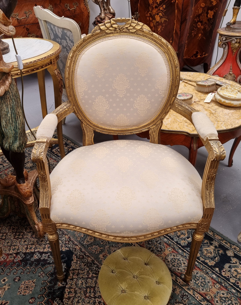 French Louis XVI style salon lounge suite with amazing like new upholstery. In good original condition and with like new fabric upholstery with very little sign of use. Please request more photos if required as they help form part of the description.