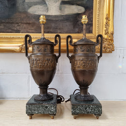Antique pair of beautiful French urns on marble table\bedside lamps. In good original detailed working condition .