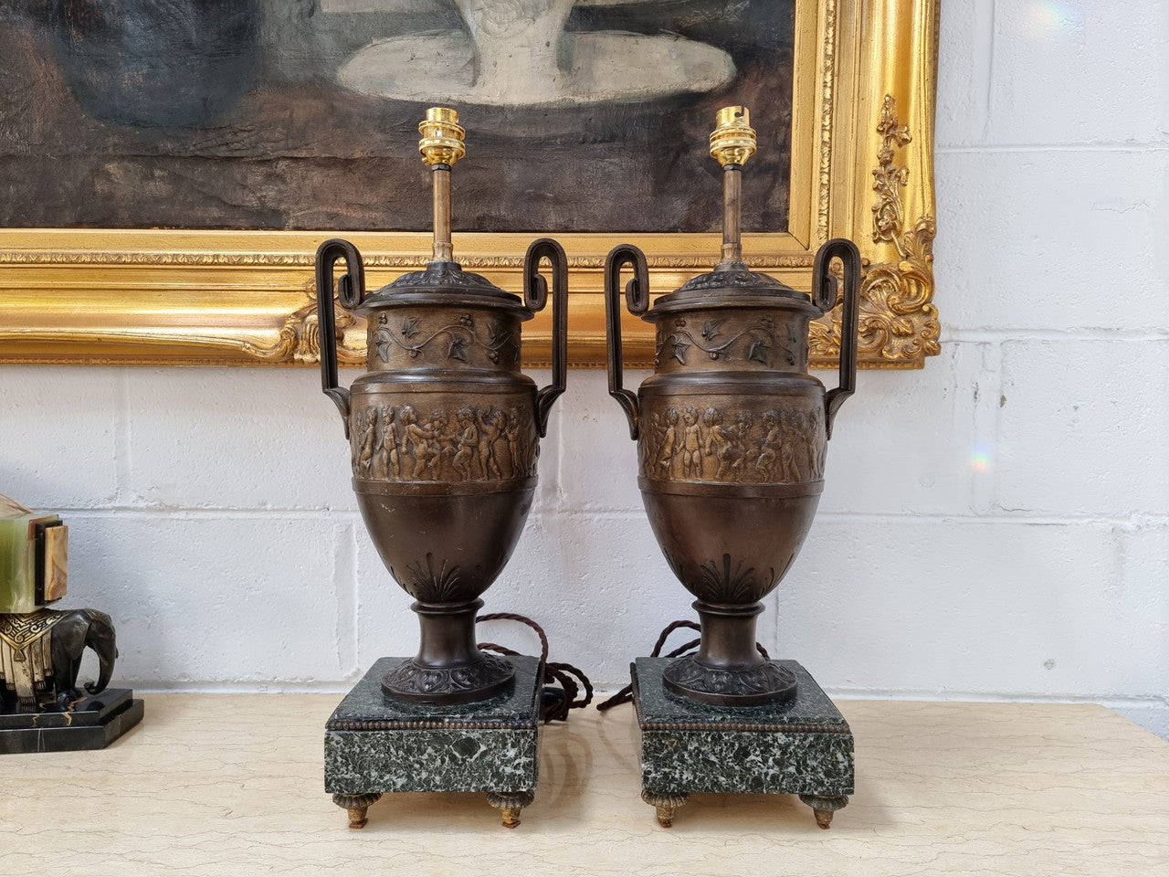 Antique pair of beautiful French urns on marble table\bedside lamps. In good original detailed working condition .