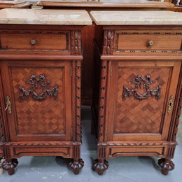 Impressive Pair of Walnut Parquetry Inlaid Henry II Style Marble Top Bedside Cabinets