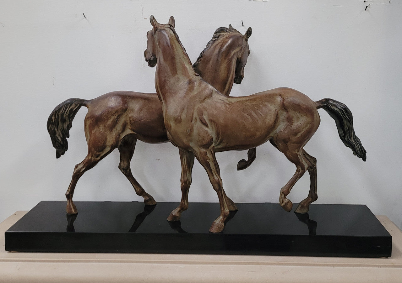 Art Deco Patinated Bronze French Spelter Horses on Marble Base | Antique & Vintage | Moonee Ponds Antiques | Australia Wide Delivery