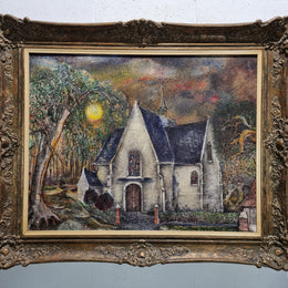 Beautiful large signed French oil on canvas painting, depicting a church/landscape in original gilt frame.