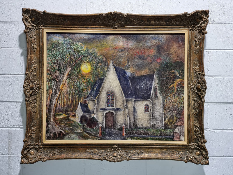 Beautiful large signed French oil on canvas painting, depicting a church/landscape in original gilt frame.