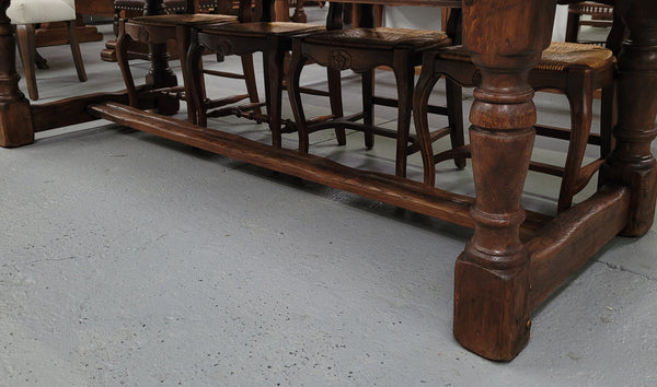 Amazing 2.65 meter French Elm Refectory dining table with loads of rustic charm. This table has been sourced from France and can comfortably seat ten people. It is in good original detailed condition.