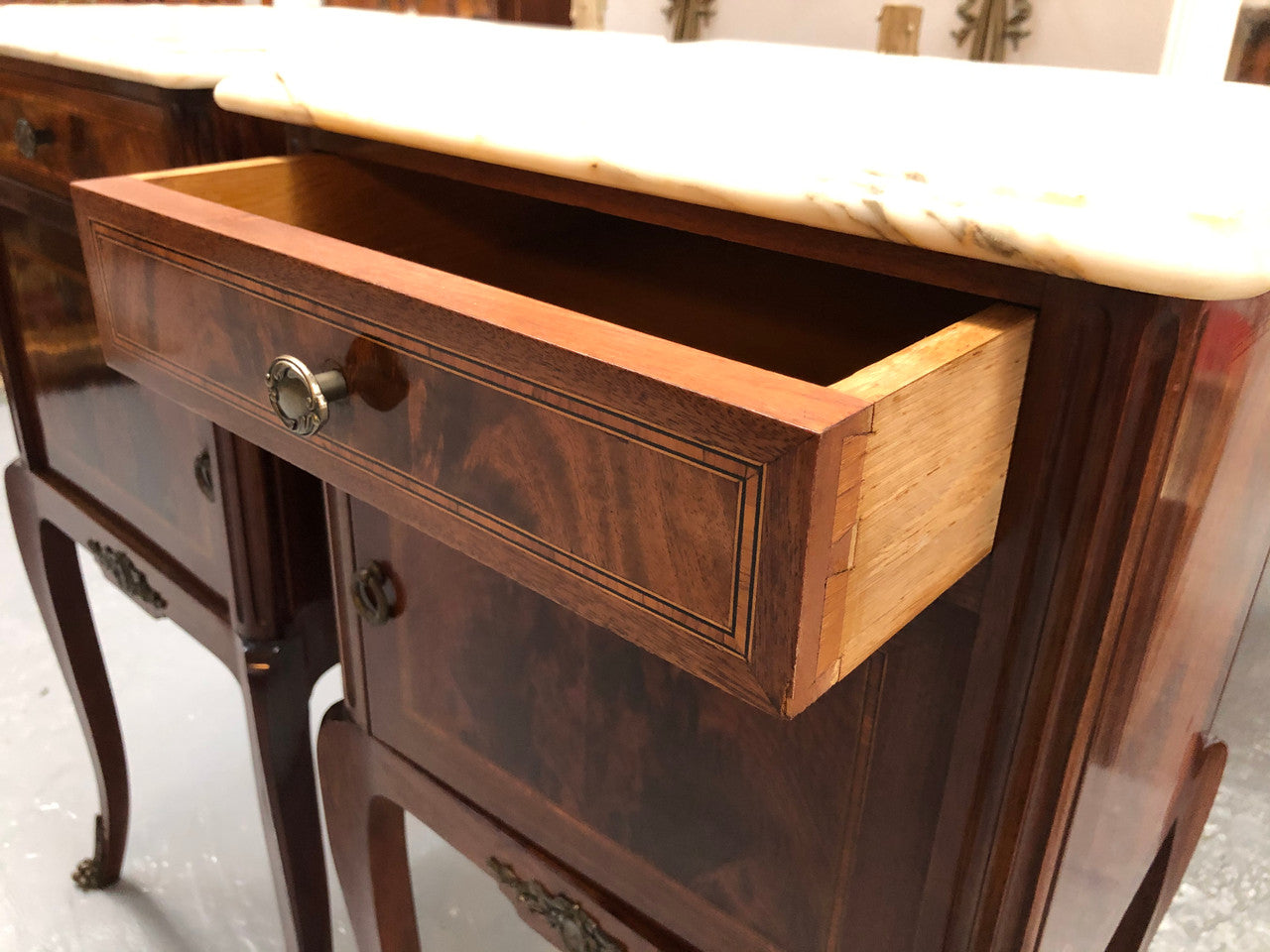Beautiful Pair Of French Flame Mahogany Bedsides | Antique & Vintage | Moonee Ponds Antiques | Australia Wide Delivery