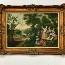 French "Romantic Scene" oil on board in a stunning gilt frame. It is signed and in very good detailed original condition.