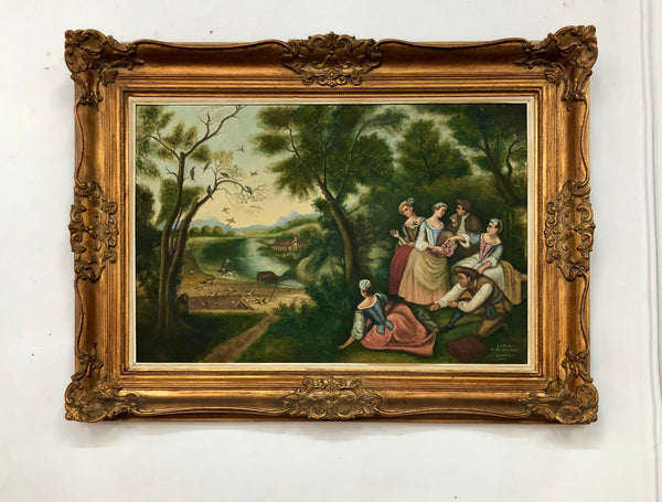 French "Romantic Scene" oil on board in a stunning gilt frame. It is signed and in very good detailed original condition.