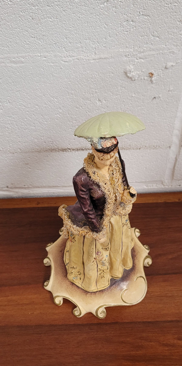 Vintage Italian figurine of lady holding umbrella signed. Sourced locally and in good original condition, please view photos as they help form part of the description.