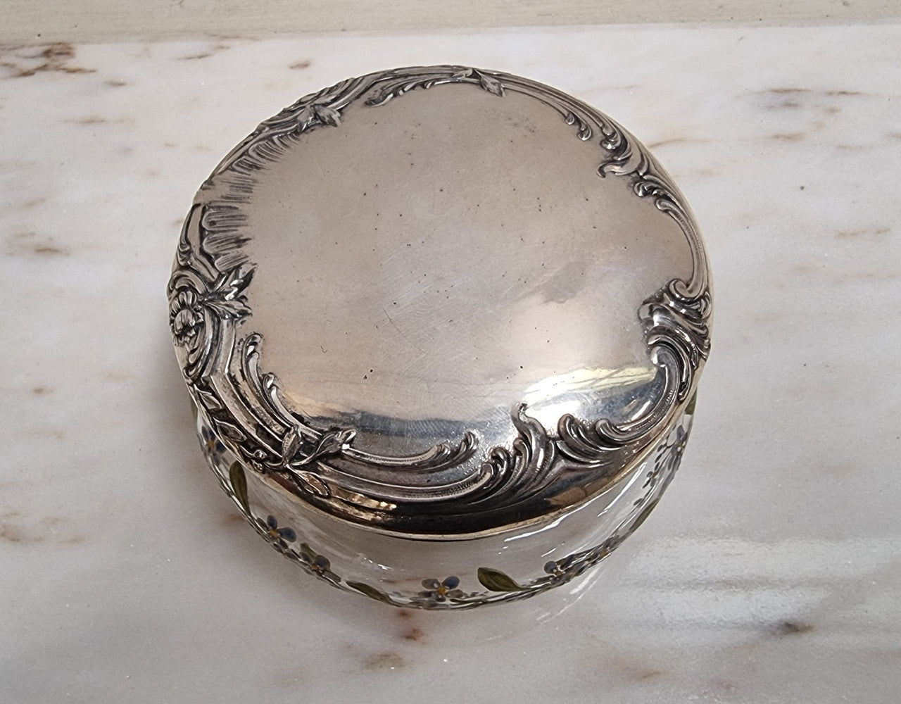 Edwardian Enameled Pattern Glass Dressing Table Bowl with Silver Plate Top