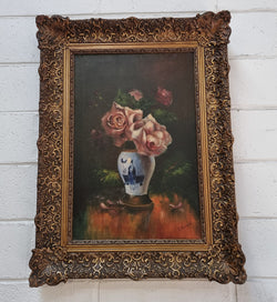 French Signed Floral Oil on Canvas Painting of Roses | Antique & Vintage | Moonee Ponds Antiques | Australia Wide Delivery