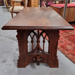 Sourced from France is this beautiful French Oak Gothic style coffee table with lovely carved details. It is in good original detailed condition.