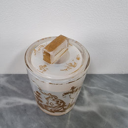 Antique French opaline glass lidded container with lovely gilt decoration. In good original condition with no chips or crack, please view photos as they help form part of the description.