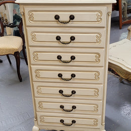 Vintage French Louis 15th Style original painted seven drawer semainier of pleasing narrow proportions with panelled sides. They have been sourced from France and are in good original condition.