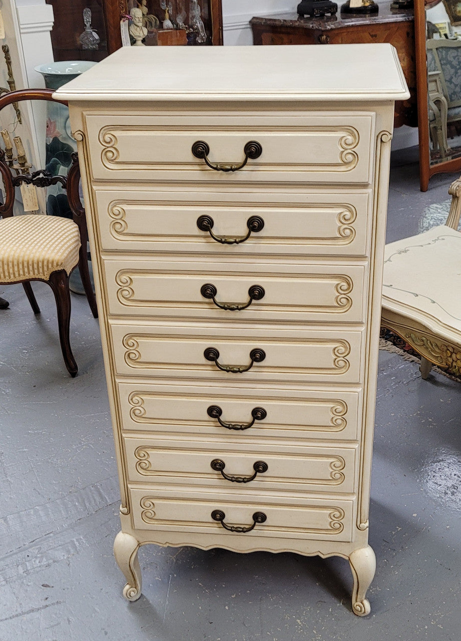 Vintage French Louis 15th Style original painted seven drawer semainier of pleasing narrow proportions with panelled sides. They have been sourced from France and are in good original condition.