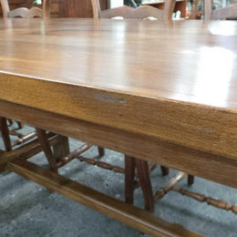 Fabulous French cherrywood Farmhouse dining table with a stretcher base and would easily sit 10 people comfortably in fantastic condition.