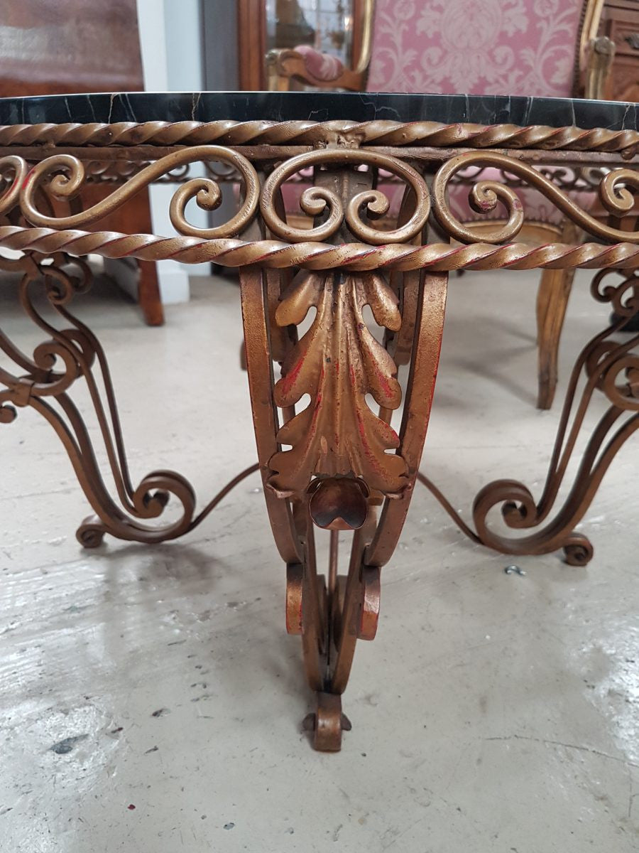 French Art Deco Portoro Marble Top Wrought Iron Coffee Table