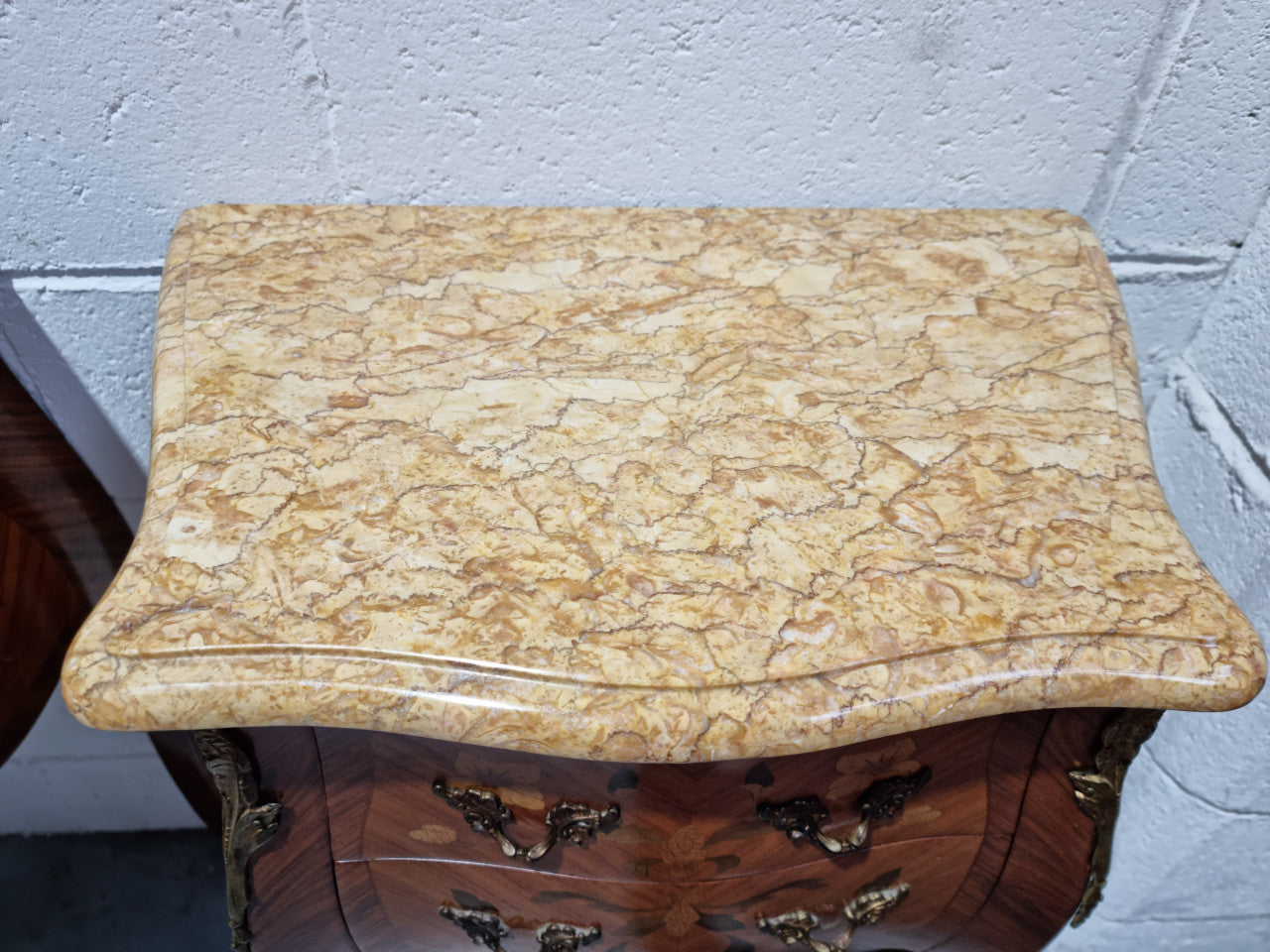Pair of French Commode Style Marquetry Inlaid Marble Top Kingwood Bedsides | Antique & Vintage | Moonee Ponds Antiques | Australia Wide Delivery