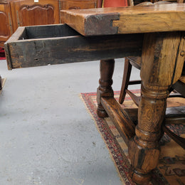 Large impressive 19th century 2.5 meter Antique French Oak farmhouse table. Loads of character with a stunning solid thick top and has a long drawer at one end. Sourced from France and in good original detailed condition.