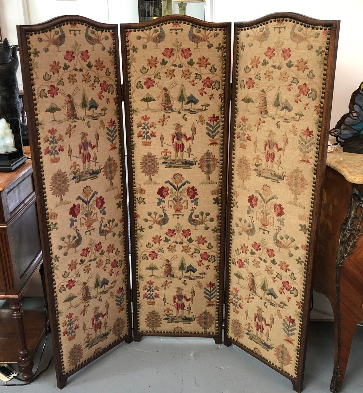 Vintage French Oak 3 Fold Tapestry Covered Privacy Screen