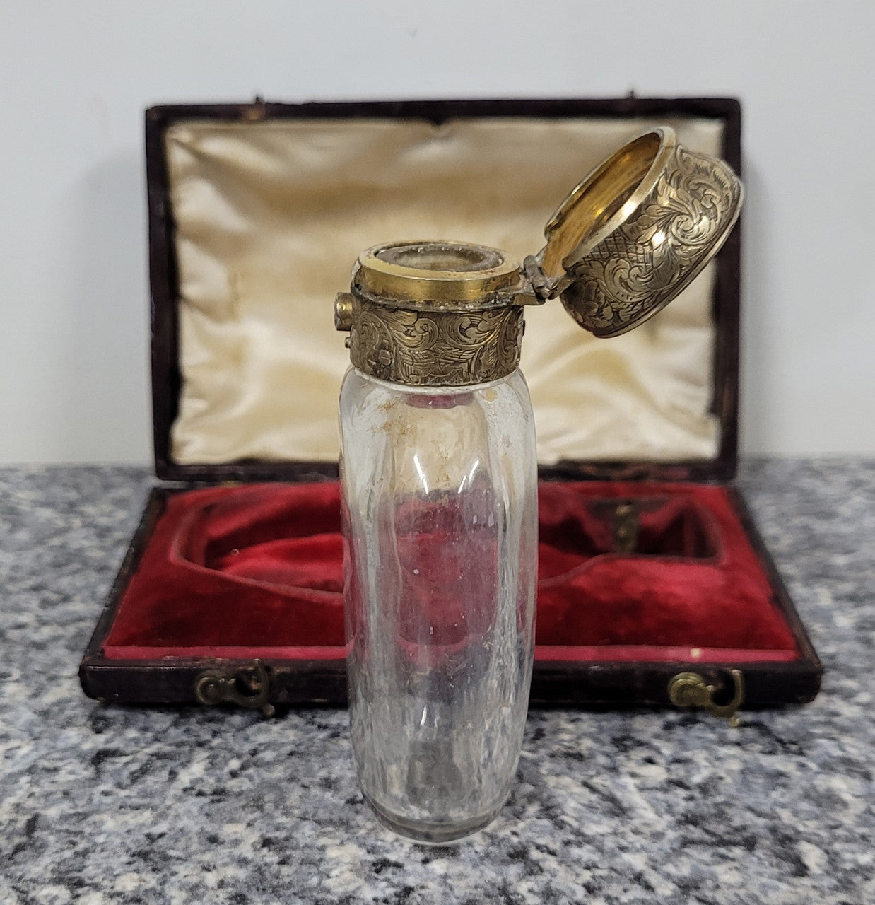 Rare Antique rock crystal and silver gilt perfume bottle in its original case by Thomas Diller of London. It is in good original condition, please view photos as they help form part of the description.