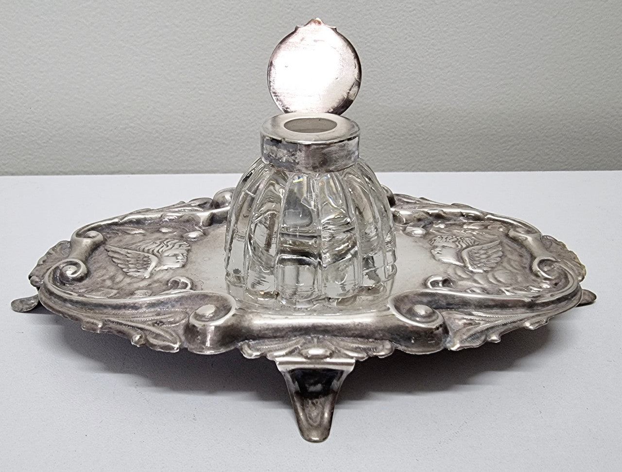 Edwardian Silver Plated Ink Stand Cherub Embossed Design | Antique & Vintage | Moonee Ponds Antiques | Australia Wide