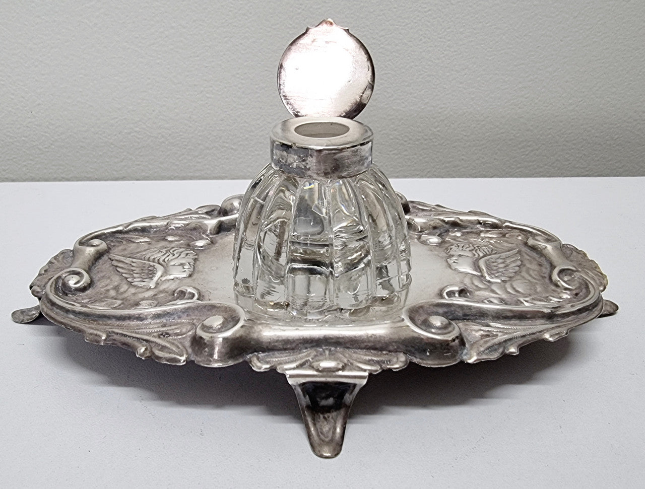 Edwardian Silver Plated Ink Stand Cherub Embossed Design