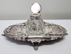 Edwardian Silver Plated Ink Stand Cherub Embossed Design | Antique & Vintage | Moonee Ponds Antiques | Australia Wide Delivery
