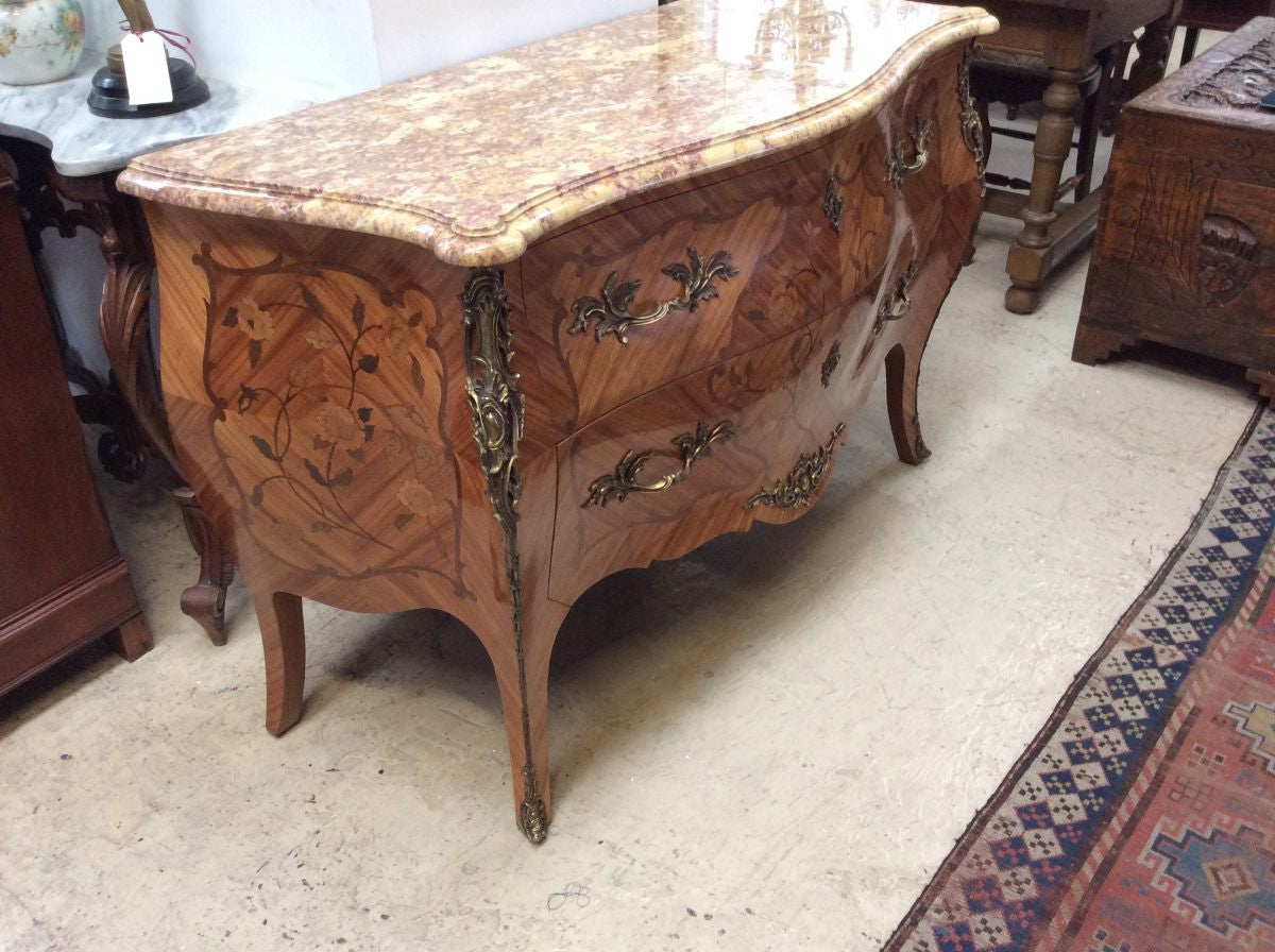 French Marquetry Inlay Kingwood Louis XV Marble Top Commode | Antique & Vintage | Moonee Ponds Antiques | Australia Wide Delivery