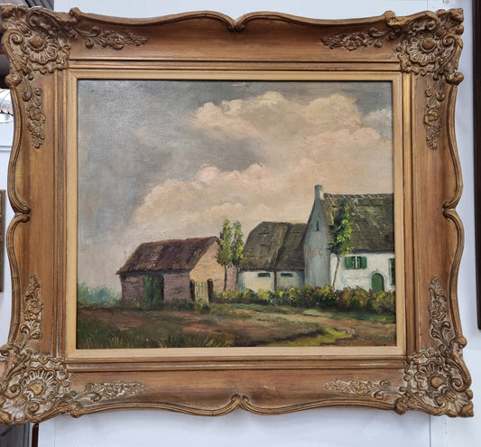 French signed oil on canvas depicting farmhouse in a lovely gilt frame. It is in good original detailed condition and has been sourced from France.