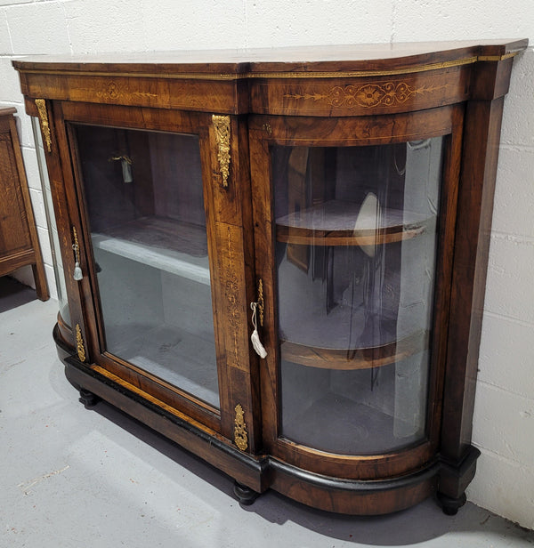 Victorian Rosewood inlaid side cabinet/credenza with velvet lined shelves and gilt mounts. It has been sourced locally and is in good original condition with loads of character.