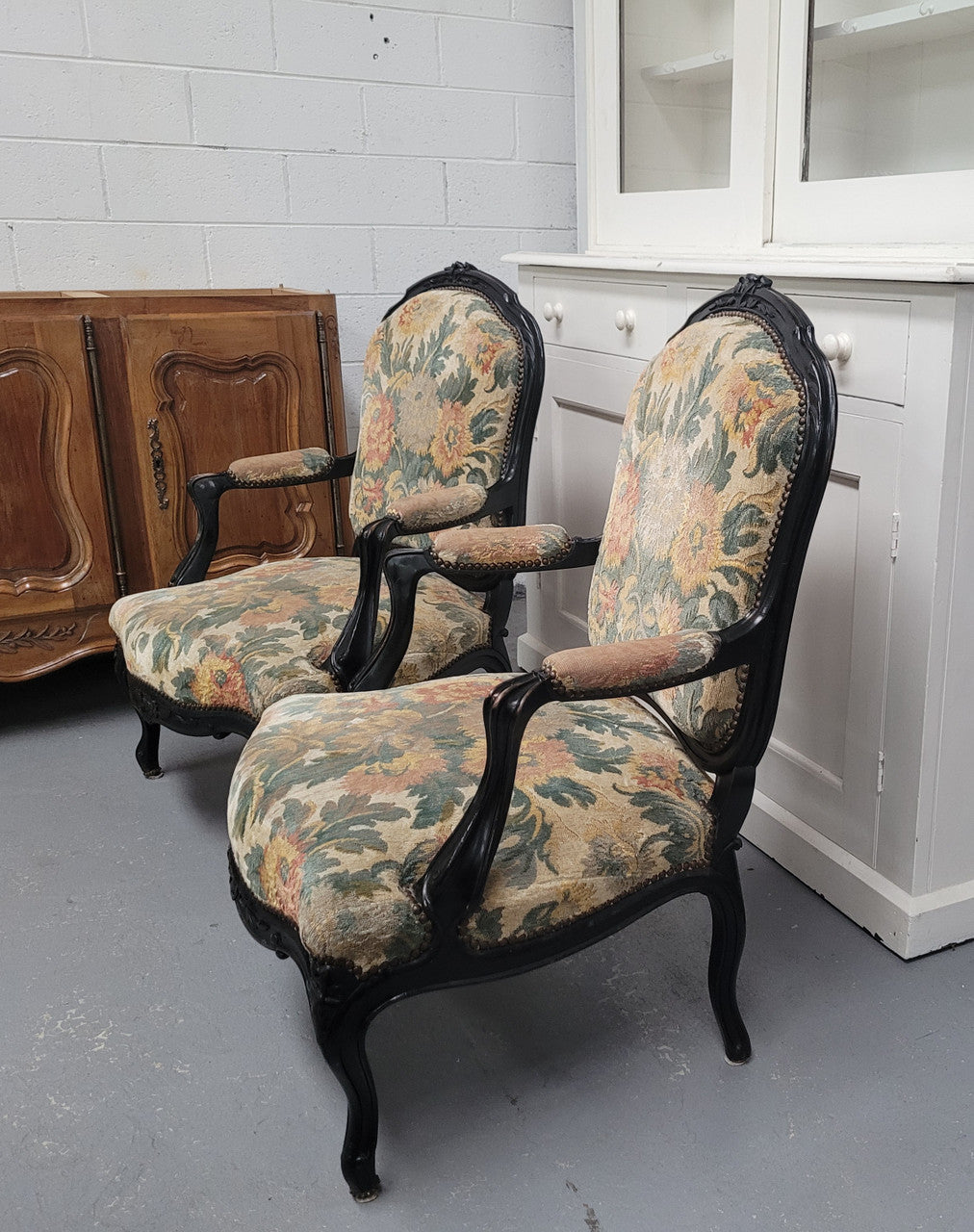 Antique 19th Century Louis XV Style Ebonized Upholstered Armchairs | Antique & Vintage | Moonee Ponds Antiques | Australia Wide Delivery