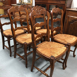 Set of six French rush seat dining chairs and in good sturdy condition.