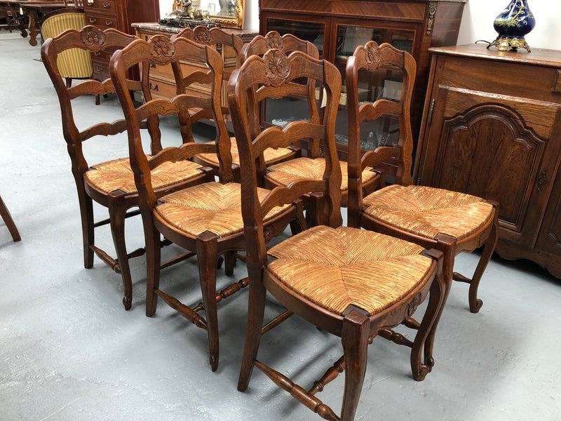 Set of six French rush seat dining chairs and in good sturdy condition.