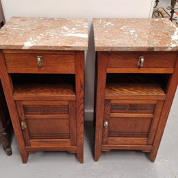 Pair of French Oak Arts & Crafts Marble Top Bedsides