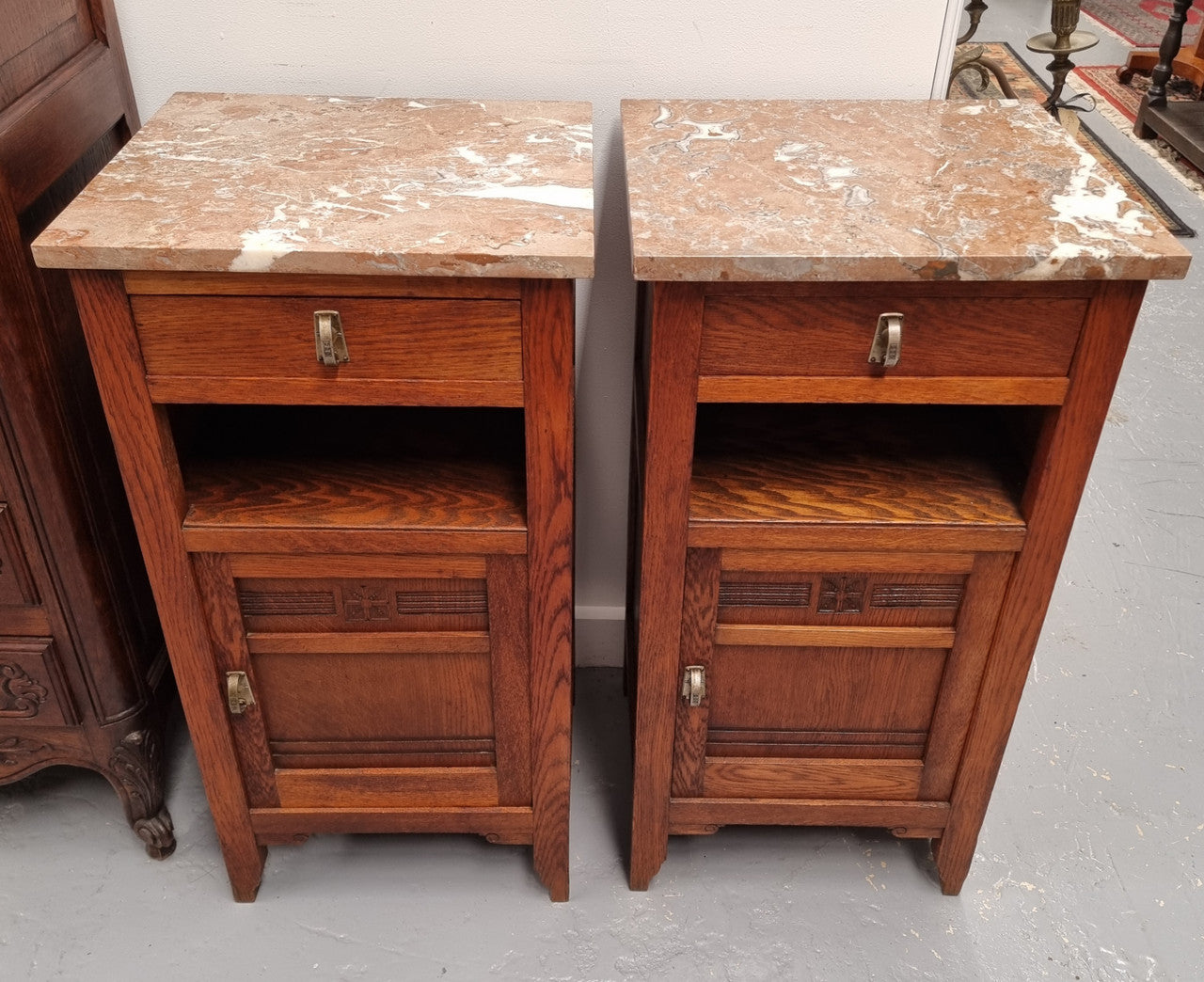 Pair of French Oak Arts & Crafts Marble Top Bedsides