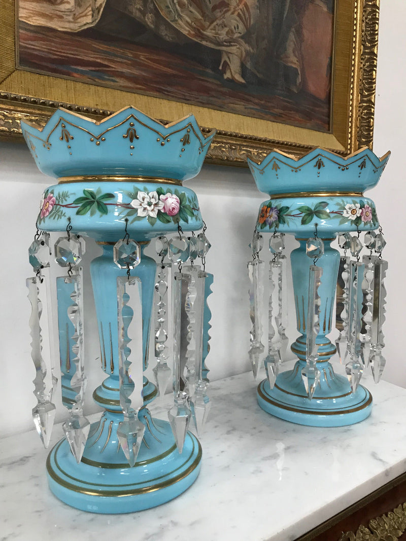 A Pair Of Victorian Blue Glass Lustres