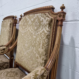 Beautiful French walnut Louis XVI style upholstered three piece Salon Suite. It has lovely fabric which is in overall good condition and is very comfortable to sit in. In good original detailed condition.