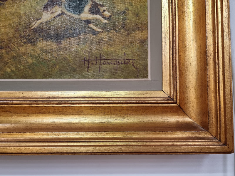 Large signed oil painting on canvas of a "Fox Hunt" scene. Sourced in France and is in good original detailed condition.