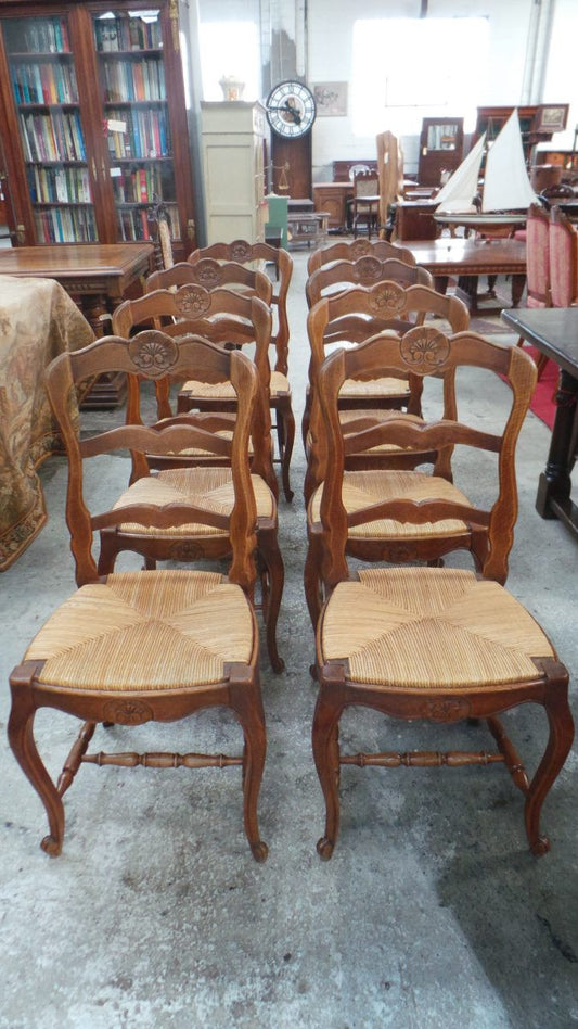 Fantastic Set Of Eight French Oak Carved Dining Chairs