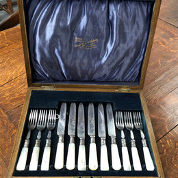 Mother Of Pearl & Silver Plate Fruit Set In Original Box
