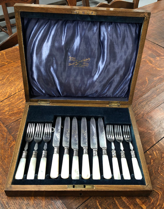 Mother Of Pearl & Silver Plate Fruit Set In Original Box