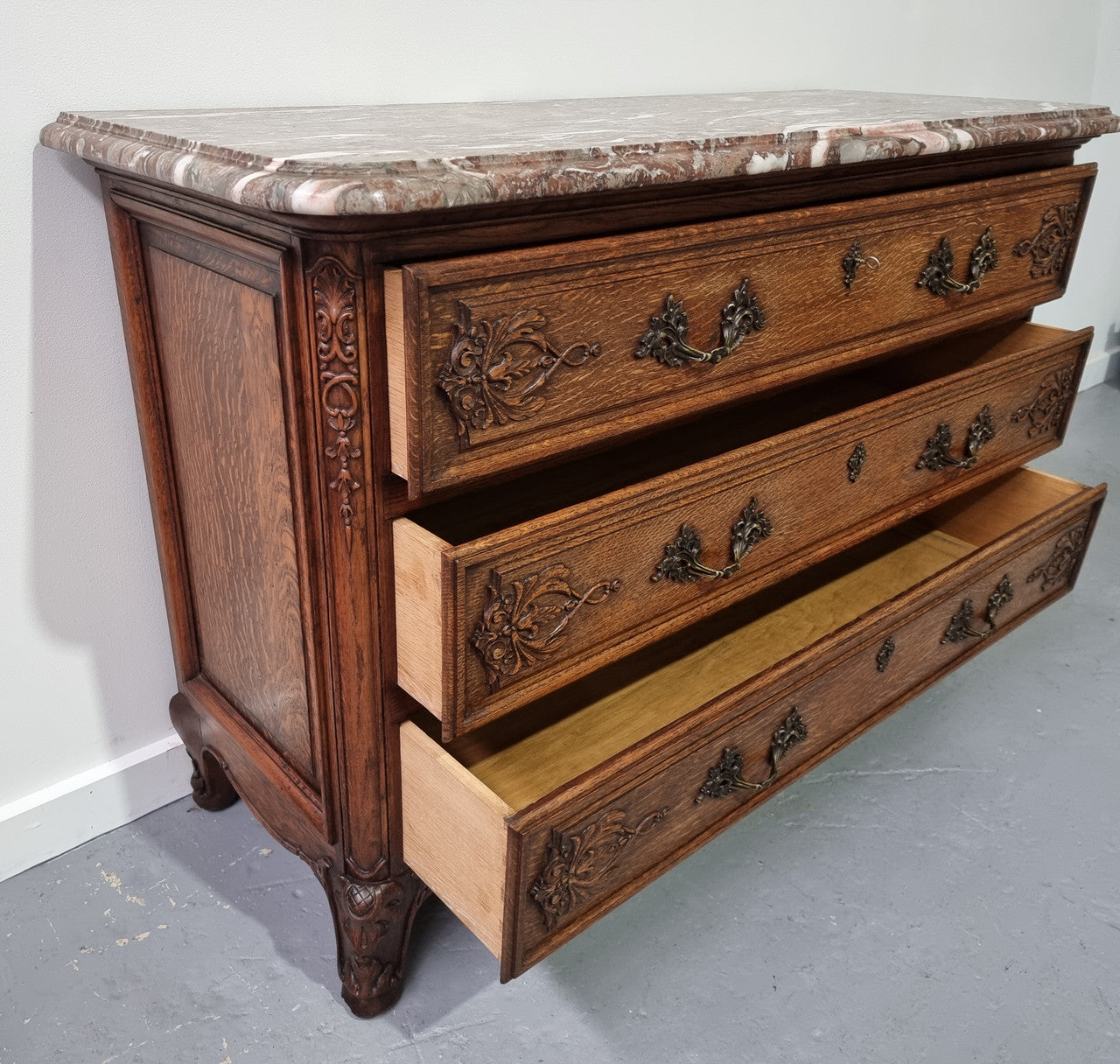 French Louis XV Style Three Drawer Oak Marble Top Commode | Antique & Vintage | Moonee Ponds Antiques | Australia Wide Delivery