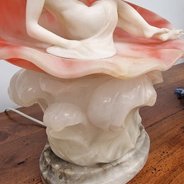 A superb original hand carved Art Deco lamp. Alabaster and marble sculpture of a nude woman inside a clam shell. Italian, inscription to base. Circa 1920's. Subtle colouring to clam shell for a sunset effect. This is a world class example of a true Art Deco sculpture lamp. It is in good original detailed condition, please view photos as they help form part of the description.