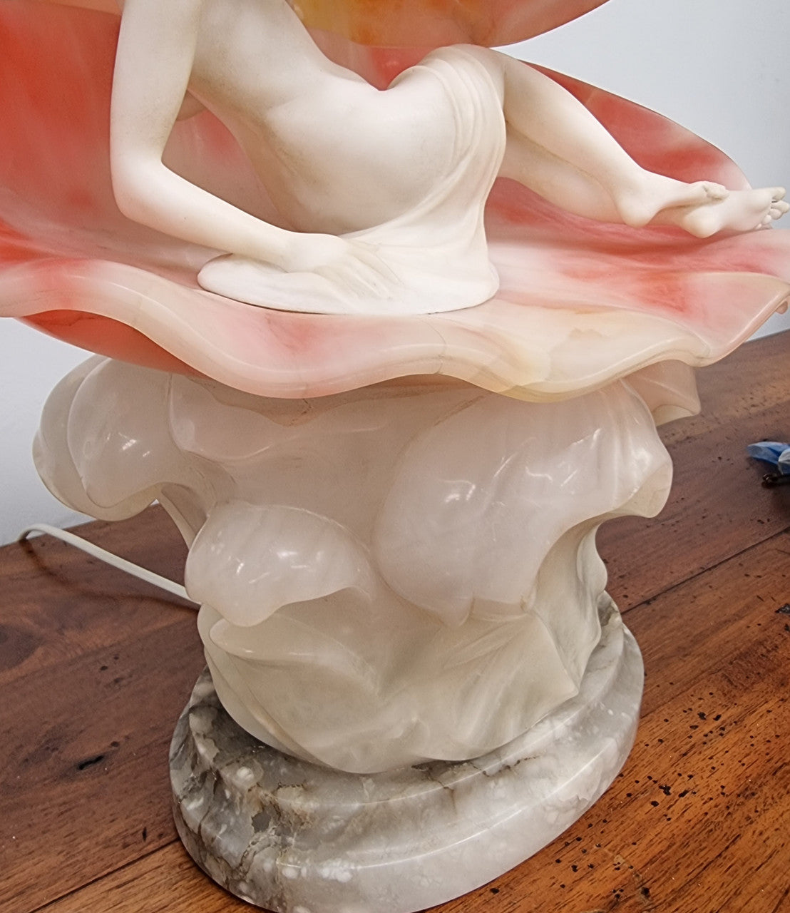 A Superb Original Hand Carved Art Deco Lamp - Alabaster & Marble Sculpture of a Nude Woman Inside a Clam Shell