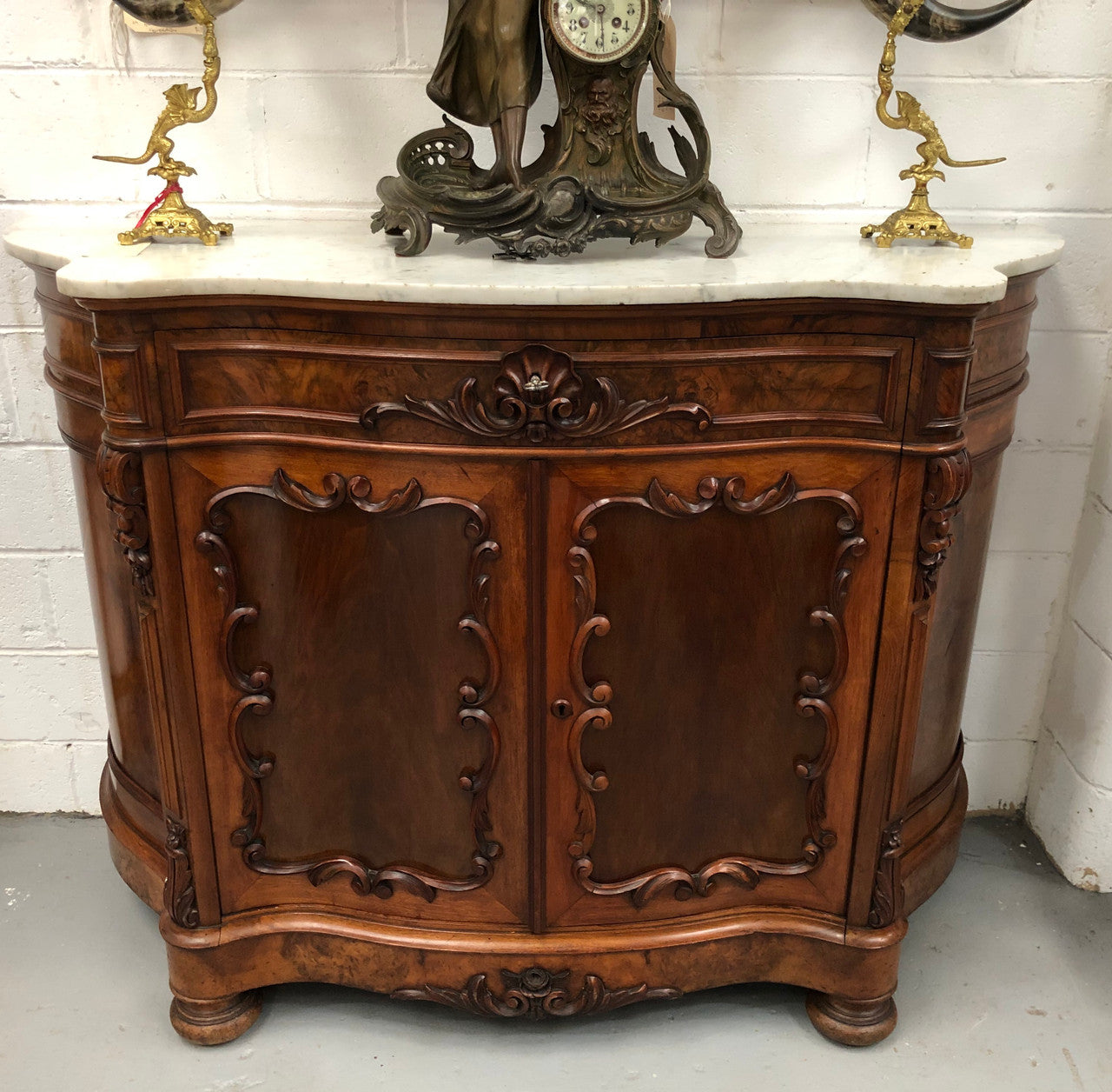 Antique French Figured Walnut Marble Top Buffet