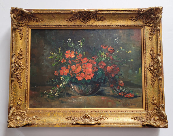 Signed oil on canvas of a charming floral arrangement in vase with ornate gilt frame. In good original detailed condition.